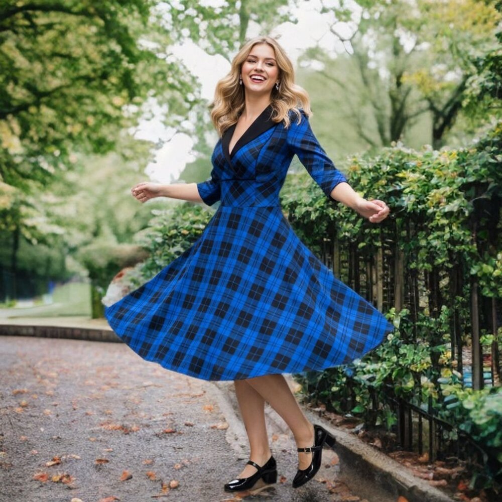 Unique Vintage Plaid Fit & Flare Midi Dress Retro Swing Wiggle Pockets Stretch - Picture 2 of 12